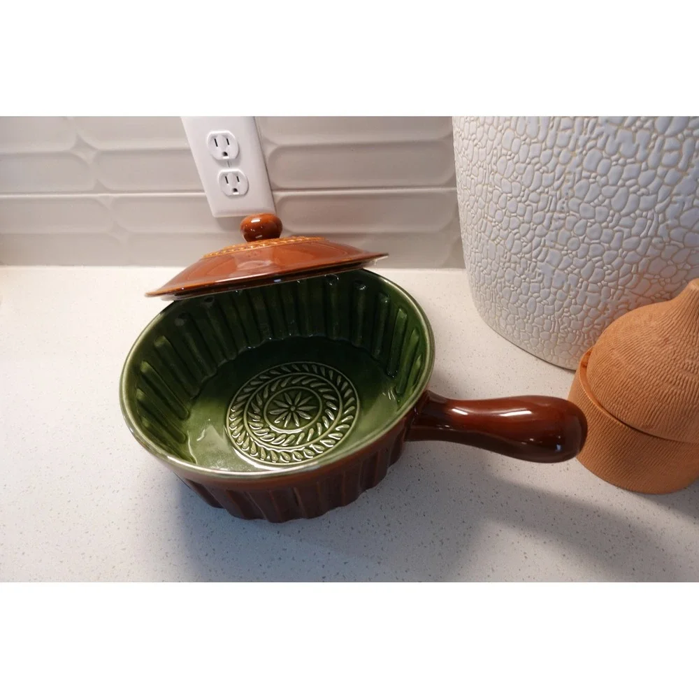 Savinio Brown & Green Glazed Ceramic Baker Pan Casserole Dish with Lid Oven Safe